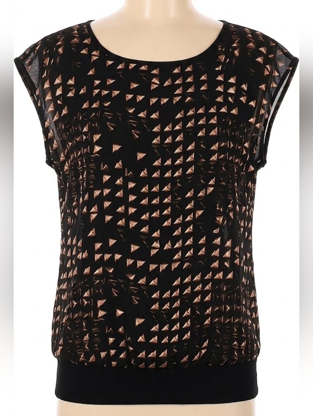 Worthington Black Sleeveless Top with Tan Geometric Print